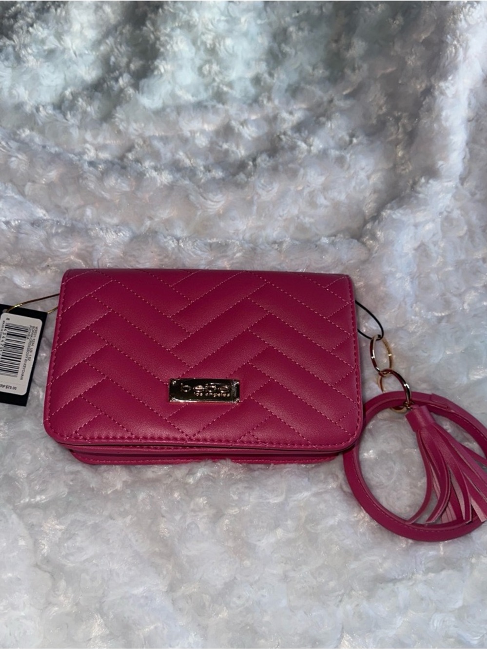 bebe Fuchsia Quilted Wristlet Clutch with Tassel